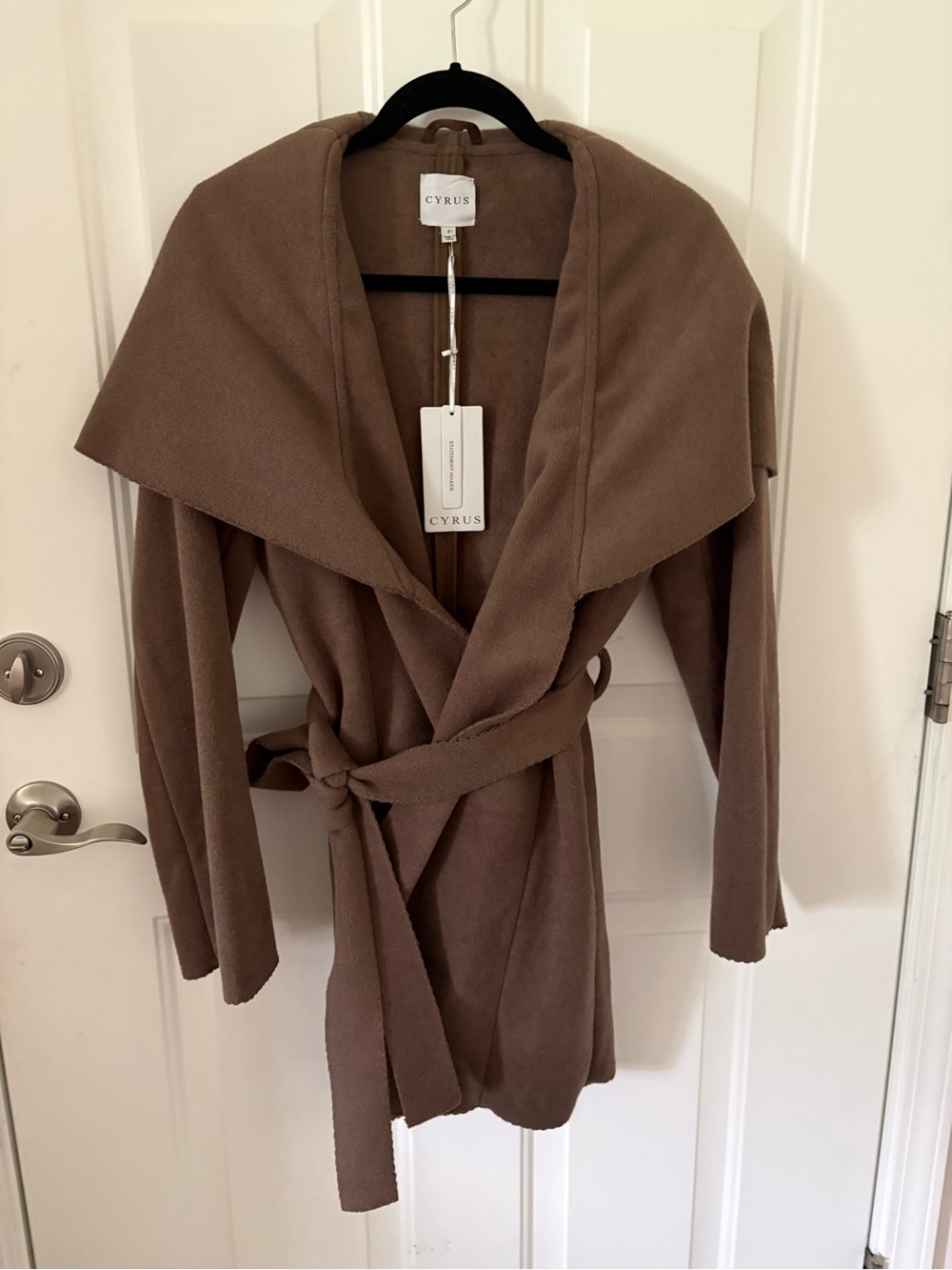 Cyrus Taupe Wrap Coat with Shawl Collar and Belt